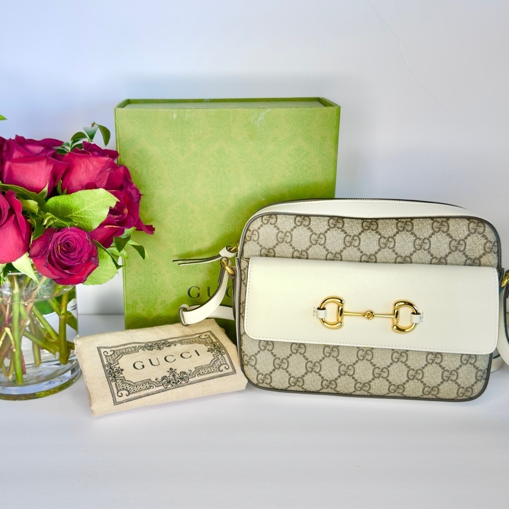 GUCCI Horsebit 1955 Ivory Brown GG Supreme Leather Crossbody Shoulder Bag + COA - Picture 3 of 13